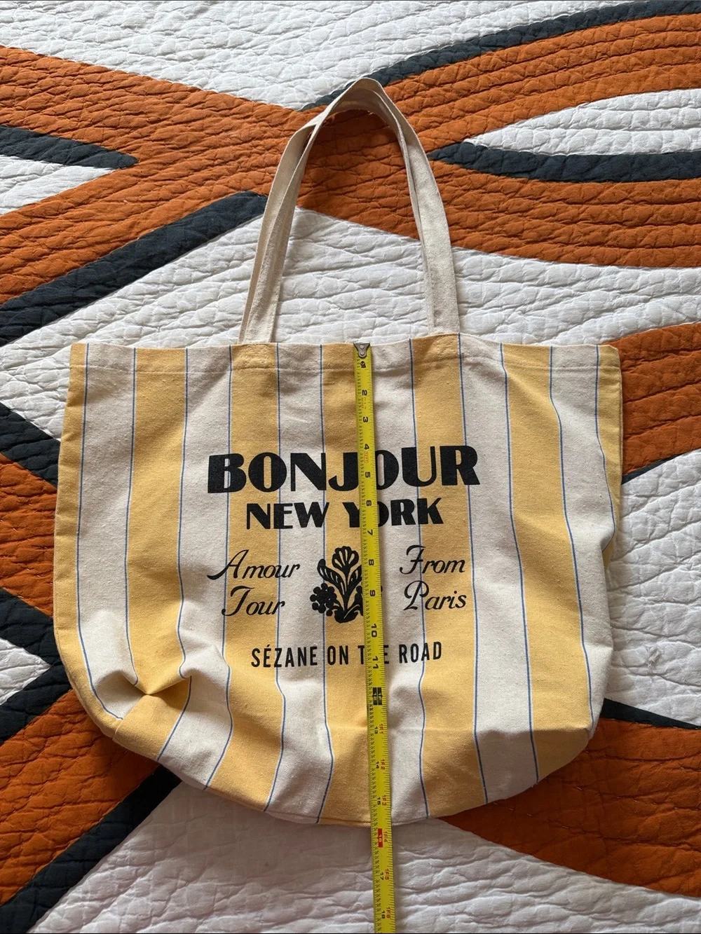 Sezane Yellow and Cream Striped Bonjour New York Canvas Tote